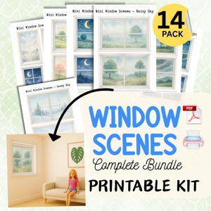 May include: A bundle of printable window scenes with various landscape illustrations, including rainy and snowy day scenes. The bundle includes a "14 PACK" sticker and the text "WINDOW SCENES Complete Bundle PRINTABLE KIT".