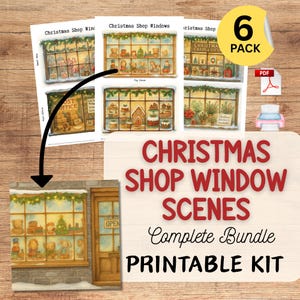 Puede incluir: Un kit imprimible completo con seis escenas de escaparates navideños. Las escenas incluyen tiendas de juguetes, tiendas de dulces y oficinas de correos. El kit incluye un archivo PDF y está etiquetado como un paquete de 6.