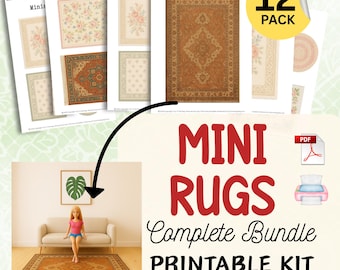May include: A printable kit featuring miniature rugs. The image displays several printed sheets with different rug designs, including floral and geometric patterns. The text "MINI RUGS Complete Bundle PRINTABLE KIT" is also visible.