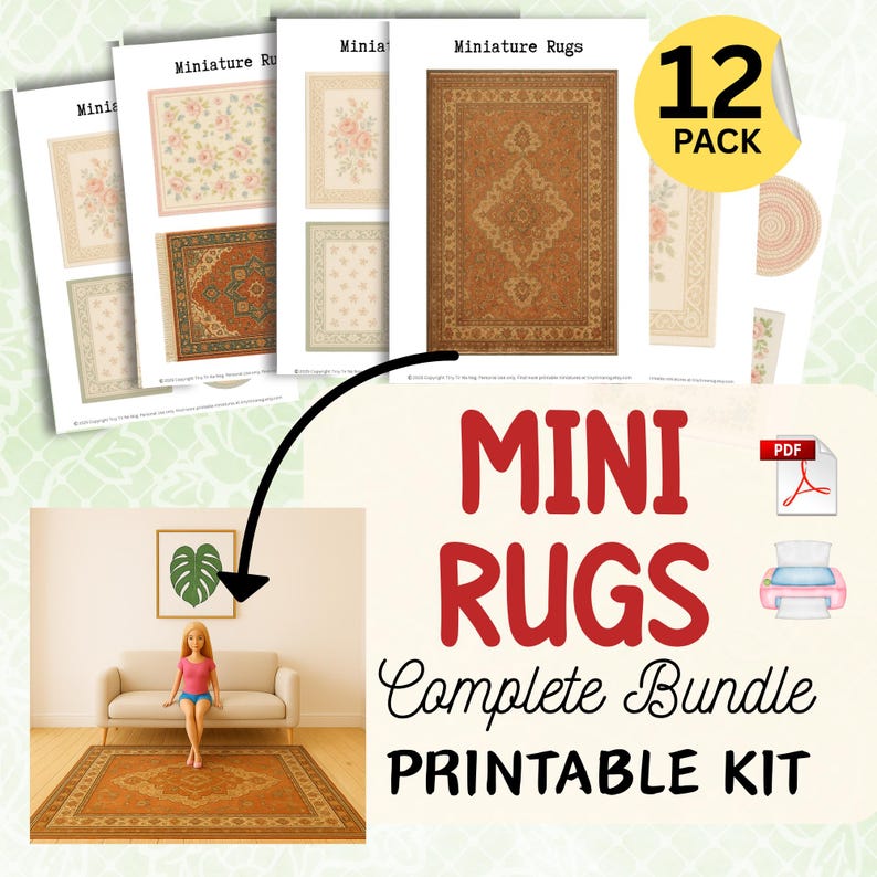 1:6 Scale MINI RUGS Dollhouse Miniature Printable Rug Set PDF Kit With ...