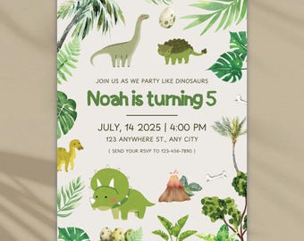 May include: A light-colored invitation with watercolor illustrations of dinosaurs and tropical plants. The text reads "Noah is turning 5" and includes party details. The design features a Brontosaurus, Triceratops, and other dinosaur-themed elements.