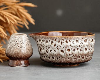 Keramische matcha-theeset – Chawan Bowl en bamboegarde, 5 kleuren beschikbaar