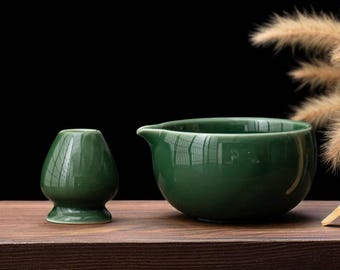 Set da tè Matcha in ceramica: frusta, cucchiaio e supporto in bambù
