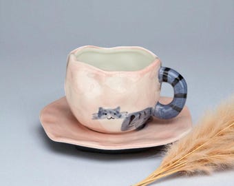 Taza de cerámica con forma de gato: cerámica pintada a mano con asa en forma de cola