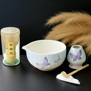 Ceramic Matcha Tea Set: Chawan Bowl, Bamboo Whisk & Tools