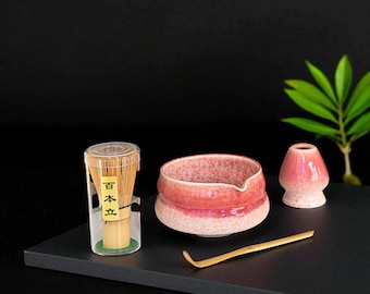 Pink Ceramic Matcha Tea Set – Chawan Bowl & Bamboo Whisk, 5 Colors Available