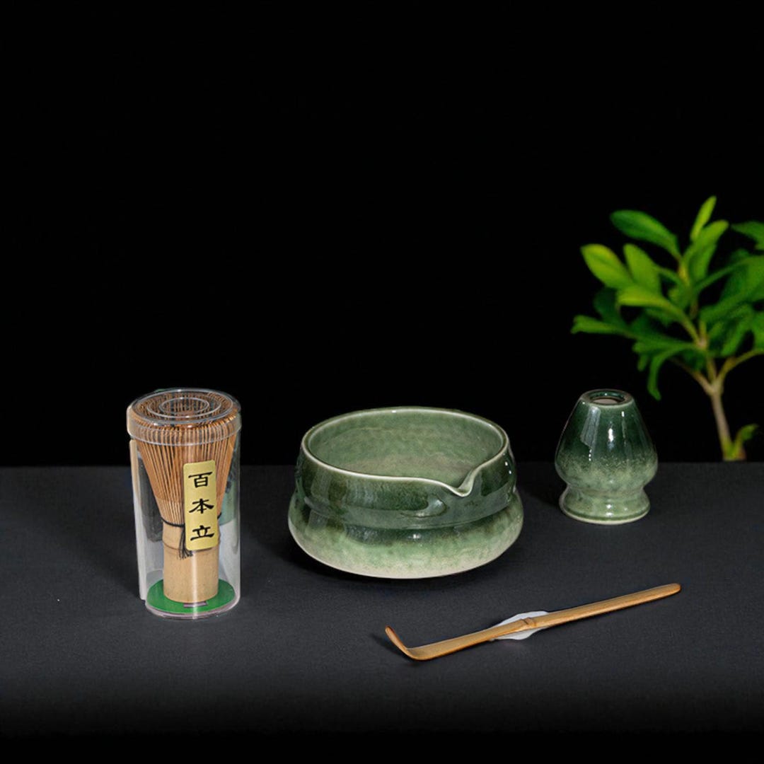 Green Ceramic Matcha Tea Set – Chawan Bowl & Bamboo Whisk, 5 colors ...