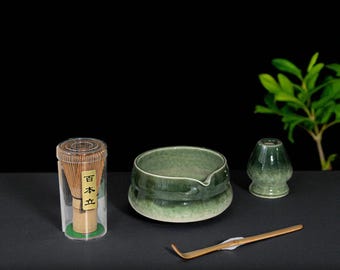 Groene keramische matcha-theeset – Chawan Bowl en bamboegarde, 5 kleuren beschikbaar