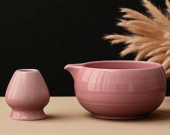 Pink Ceramic Matcha Tea Set – Spouted Chawan Bowl & Bamboo Whisk, 7 Colors available