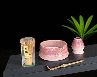 Pink Ceramic Matcha Tea Set – Chawan Bowl & Bamboo Whisk, 5 Colors Available