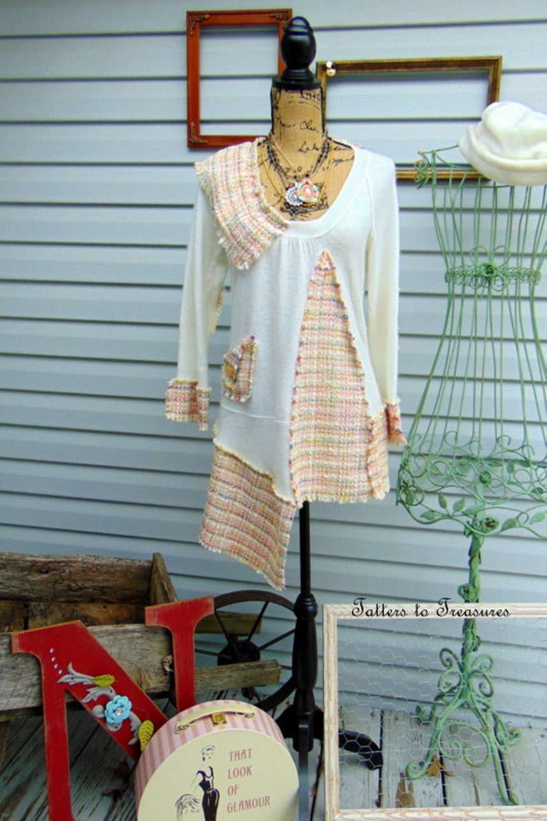 Strawberry Vanilla Smoothie Refashioned Upcycled Tunic Sweater SZ MEDIUM LARGE Ivory Pink Yellow TeamWeRecreate