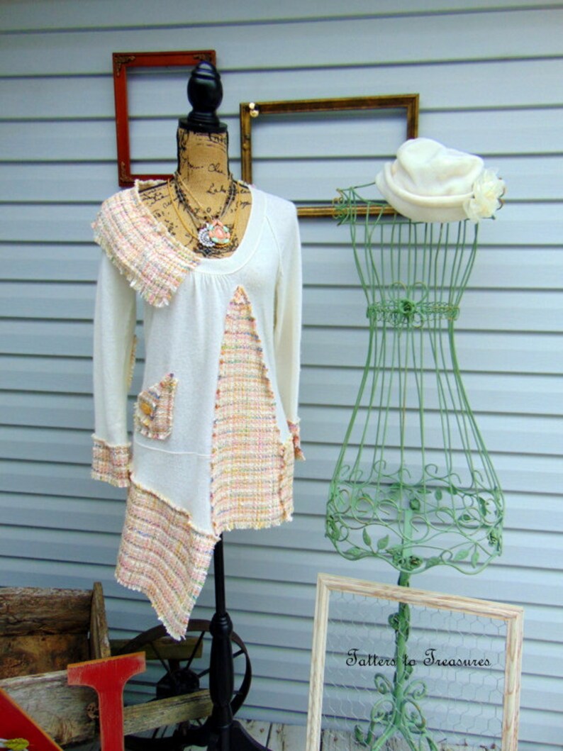 Strawberry Vanilla Smoothie Refashioned Upcycled Tunic Sweater SZ MEDIUM LARGE Ivory Pink Yellow TeamWeRecreate