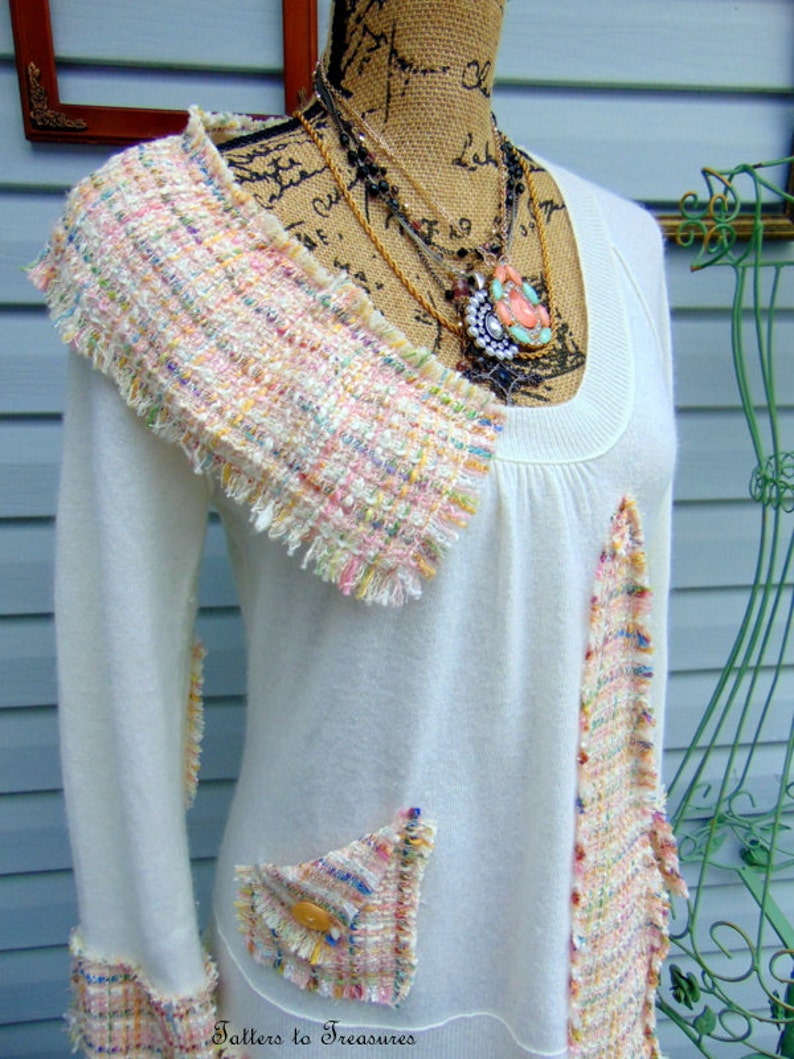 Strawberry Vanilla Smoothie Refashioned Upcycled Tunic Sweater SZ MEDIUM LARGE Ivory Pink Yellow TeamWeRecreate