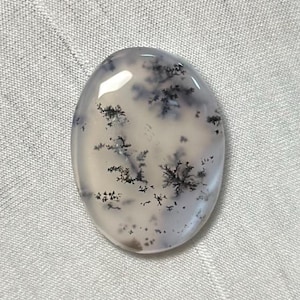 Op de afbeelding: Ovale edelsteen met een doorschijnende, melkachtige witte basis. De steen heeft ingewikkelde, dendritische insluitsels in zwart en grijs, die lijken op delicate plantachtige patronen. Het gepolijste oppervlak reflecteert licht.
