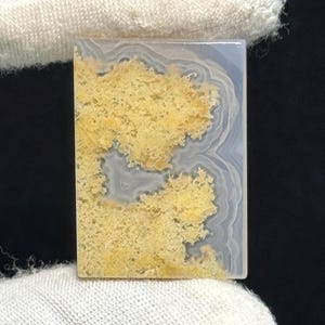 Puede incluir: Una piedra preciosa rectangular con un fondo azul claro y patrones amarillos en forma de árbol. La piedra se sostiene sobre un paño blanco, con un fondo negro.