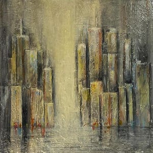 May include: Abstract cityscape painting with textured brushstrokes. The artwork features vertical rectangular shapes in shades of gray, yellow, and red, evoking a city skyline. The painting has a reflective, wet appearance.