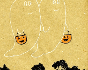 Trick or Treating Ghosts Inktober Double Drawing