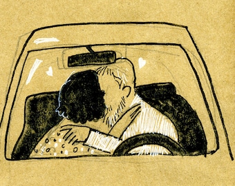 Couple kissing in Car Inktober Jolt Drawing