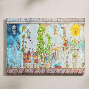 Puede incluir: Un lienzo de galería rectangular con una ilustración caprichosa con una calavera, figuras y un sol sonriente. La obra de arte tiene un borde detallado y el texto "GALLERY CANVAS" en la parte inferior. La paleta de colores incluye azules, verdes y amarillos.