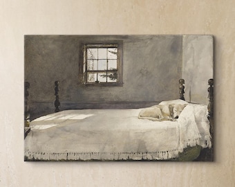 Andrew Wyeth Master Bedroom Print, Dog Sleeping in Bed, Vintage