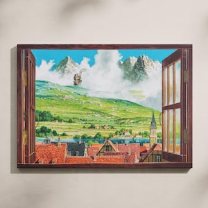 May include: A framed canvas print depicting a whimsical landscape scene viewed through an open window. The artwork features a vibrant green hillside, snow-capped mountains, and a flying airship. The window frame is a dark brown color, and the sky is a bright blue. The text "GALLERY CANVAS" is at the bottom.
