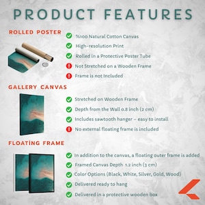 May include: An image showcasing product features for rolled posters, gallery canvases, and floating frames. The text highlights details like natural cotton canvas, high-resolution print, and depth from the wall at 0.8 inches (2 cm). Color options include black, white, silver, gold, and wood.