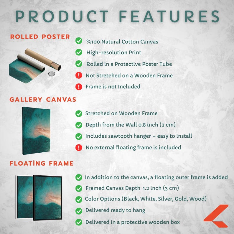 May include: An image showcasing product features for rolled posters, gallery canvases, and floating frames. The text highlights details like natural cotton canvas, high-resolution print, and depth from the wall at 0.8 inches (2 cm). Color options include black, white, silver, gold, and wood.