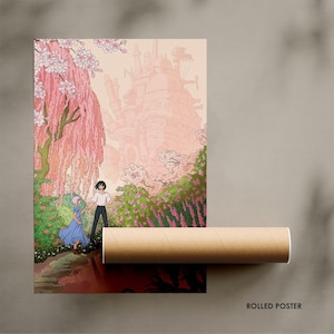 May include: Rolled poster featuring an anime-style illustration of a fantasy landscape with a castle and two figures. The artwork is dominated by pink cherry blossoms and lush greenery. The words "ROLLED POSTER" are printed on the bottom right.