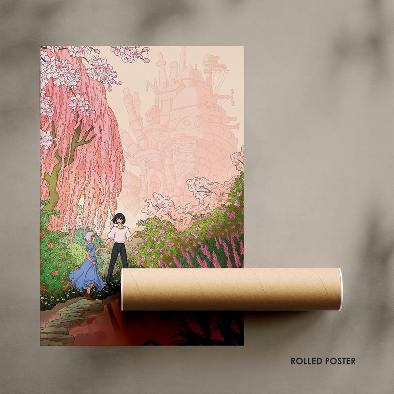 May include: Rolled poster featuring an anime-style illustration of a fantasy landscape with a castle and two figures. The artwork is dominated by pink cherry blossoms and lush greenery. The words "ROLLED POSTER" are printed on the bottom right.