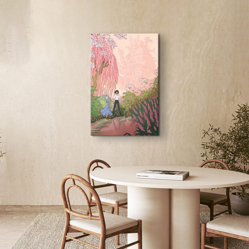 May include: A framed canvas art print depicting a romantic scene in a garden. The artwork features two figures, one in a blue dress and the other in a white shirt, walking near a pond. The color palette includes pinks, greens, and soft tones.