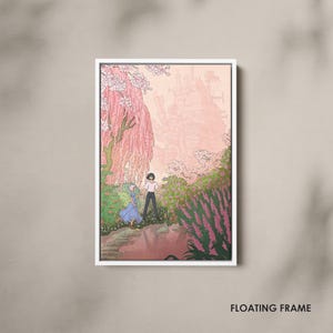 May include: A framed art print featuring a romantic scene with two figures in a garden setting. The artwork has a soft, pastel color palette with pink and green hues. The words "FLOATING FRAME" are printed at the bottom.