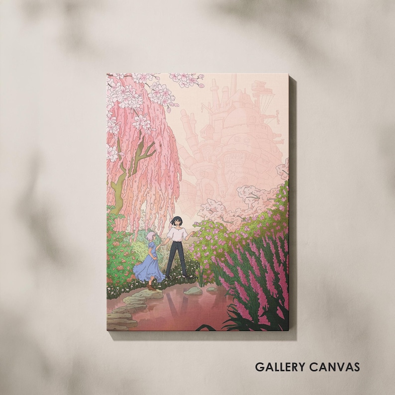 May include: A canvas print featuring an anime-style illustration of a couple in a garden with a castle in the background. The artwork is dominated by pink and green hues, with the text "GALLERY CANVAS" at the bottom.