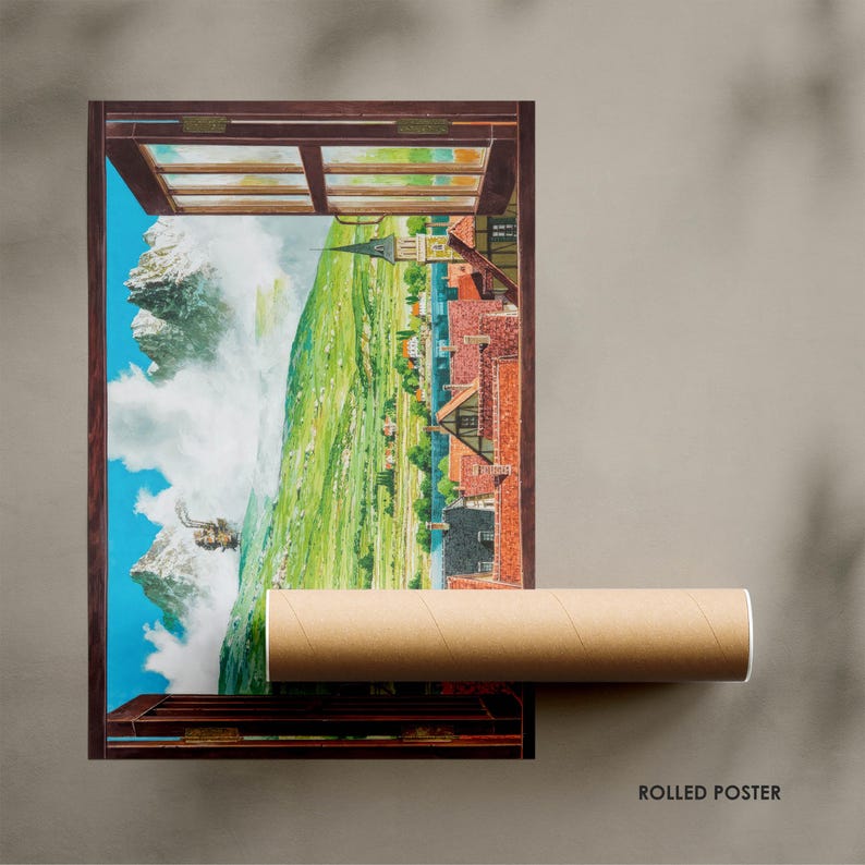 May include: A rolled poster featuring a vibrant landscape scene, depicting a mountain, clouds, and a village viewed through a window frame. The poster is rolled and ready for display. The text "ROLLED POSTER" is visible.