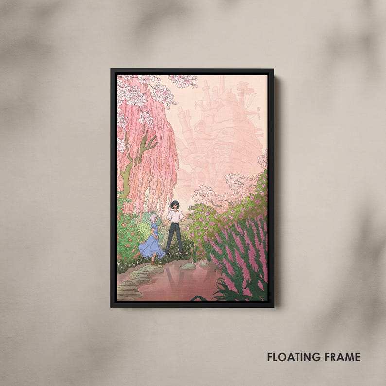 May include: A framed art print featuring a romantic anime scene. The artwork depicts two figures in a garden with a castle in the background. The color palette includes pink, green, and blue hues. The words "FLOATING FRAME" are printed at the bottom.