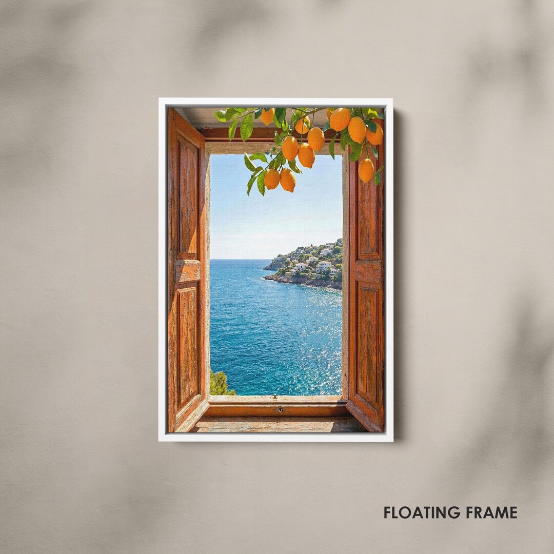 Mediterranean Window View Canvas, Coastal Orange Tree Wall Art, Italian ...