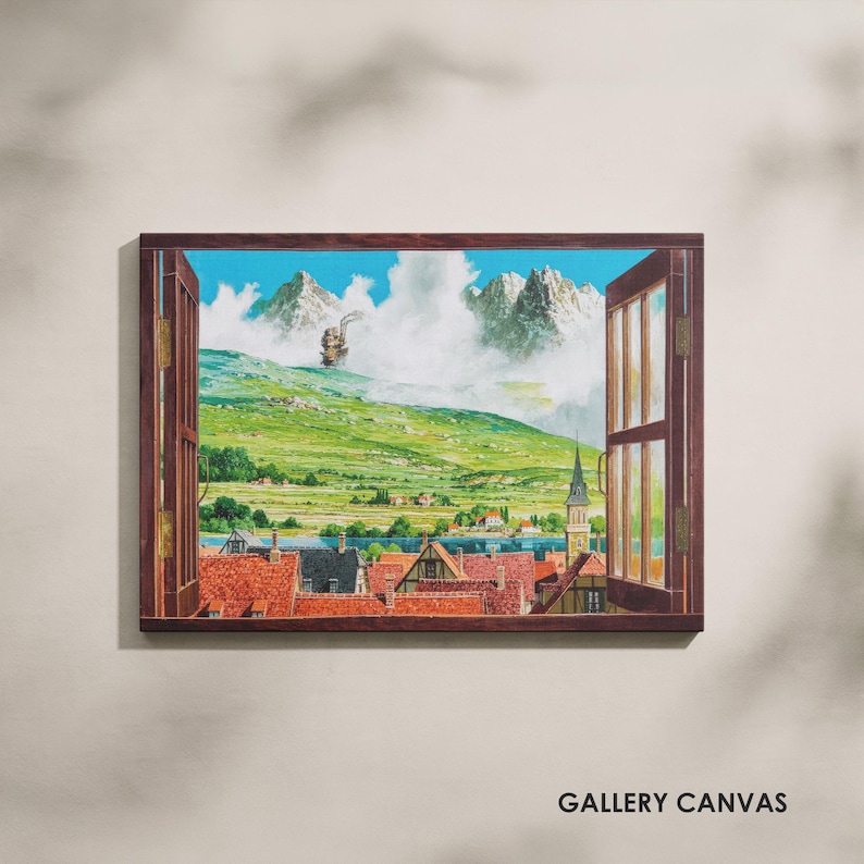 May include: A framed canvas print depicting a whimsical landscape scene viewed through an open window. The artwork features a vibrant green hillside, snow-capped mountains, and a flying airship. The window frame is a dark brown color, and the sky is a bright blue. The text "GALLERY CANVAS" is at the bottom.