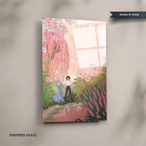 May include: Tempered glass art print featuring an anime-style illustration of two figures in a garden with pink flowering trees. The artwork has a soft color palette with the text "Ready to Hang" and "TEMPERED GLASS".