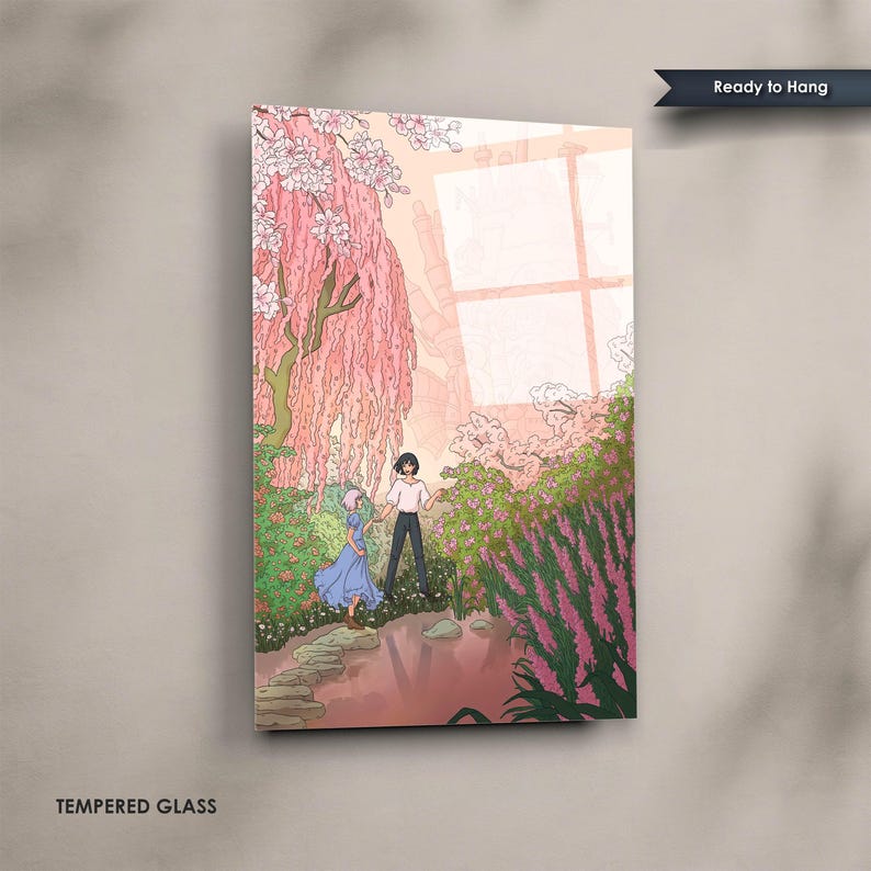 May include: Tempered glass art print featuring an anime-style illustration of two figures in a garden with pink flowering trees. The artwork has a soft color palette with the text "Ready to Hang" and "TEMPERED GLASS".