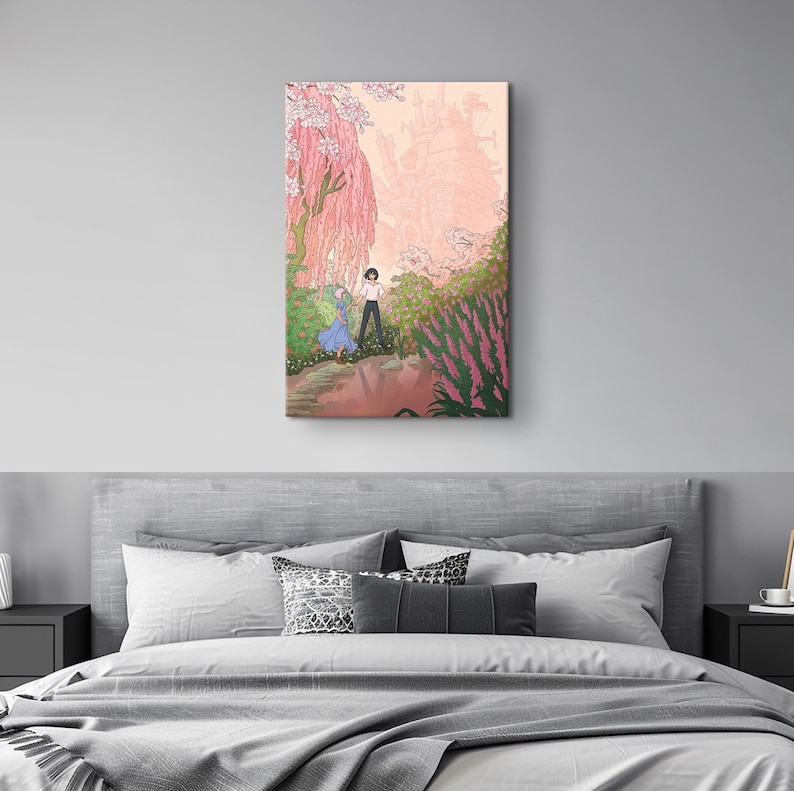 May include: A framed art print depicts a serene landscape with two figures in a garden setting. The artwork features a soft color palette of pinks, greens, and purples, with a weeping cherry tree and a distant castle. The figures are walking on a path.