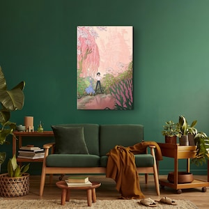May include: A canvas art print depicts a serene landscape with two figures. The artwork features a pink weeping tree, a pond, and lush greenery. The figures are walking on a path. The color palette includes pink, green, and light blue.