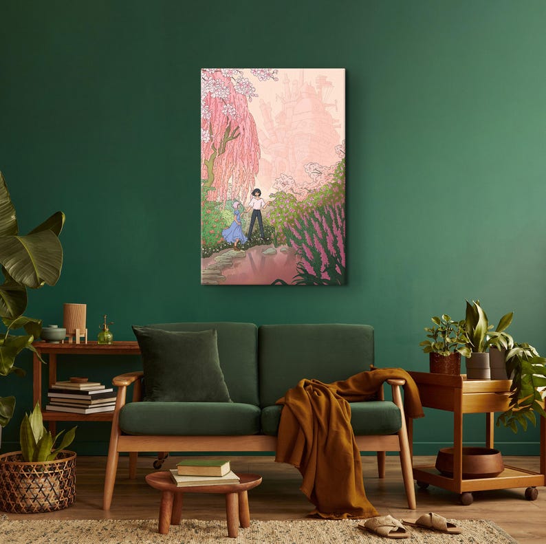May include: A canvas art print depicts a serene landscape with two figures. The artwork features a pink weeping tree, a pond, and lush greenery. The figures are walking on a path. The color palette includes pink, green, and light blue.
