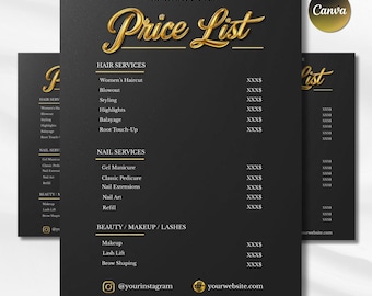 Luxury Salon Price List Template | Black & Gold Canva Design (Digital Download)