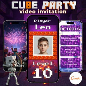 Invitación de video para cumpleaños de videojuegos / Invitación a fiesta estilo cubo / Plantilla Canva MP4 editable / Descarga instantánea
