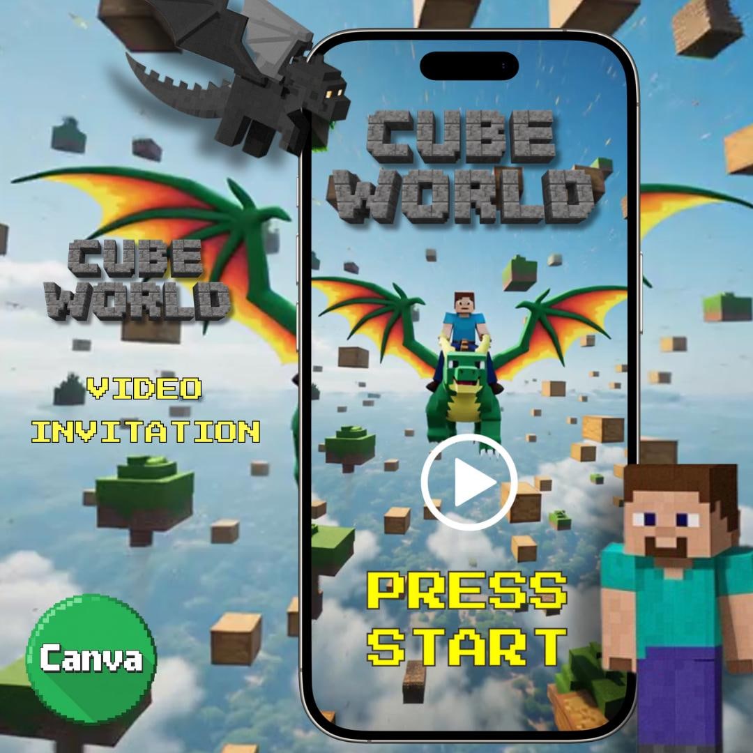 Cube World Birthday Video Invitation, Animated Kids Party Invite (canva ...