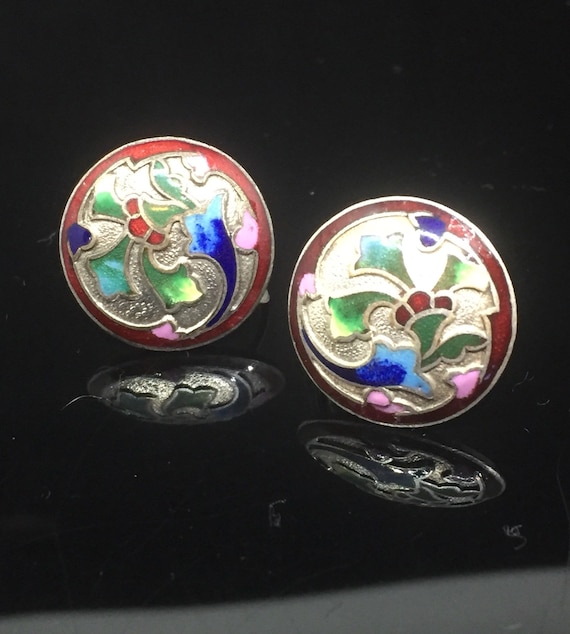 Vintage Chinese Cloisonné Screwback Earrings, cir… - image 1