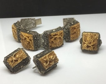 Antique  Chinese Silver Filagree Carved Resin Parure