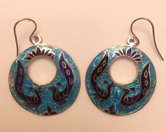 925 Silver Blue Cloisonné Enamel Peacock Earrings