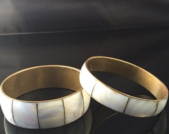 Vintage Pair of MOP Brass Bangles UNMARKED