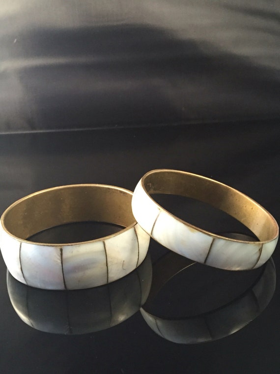 Vintage Pair of MOP Brass Bangles UNMARKED