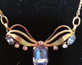 Mid Century Van Dell 1/20 - 12k G.F. Blue & Clear Ice Rhinestone Crystal Necklace.